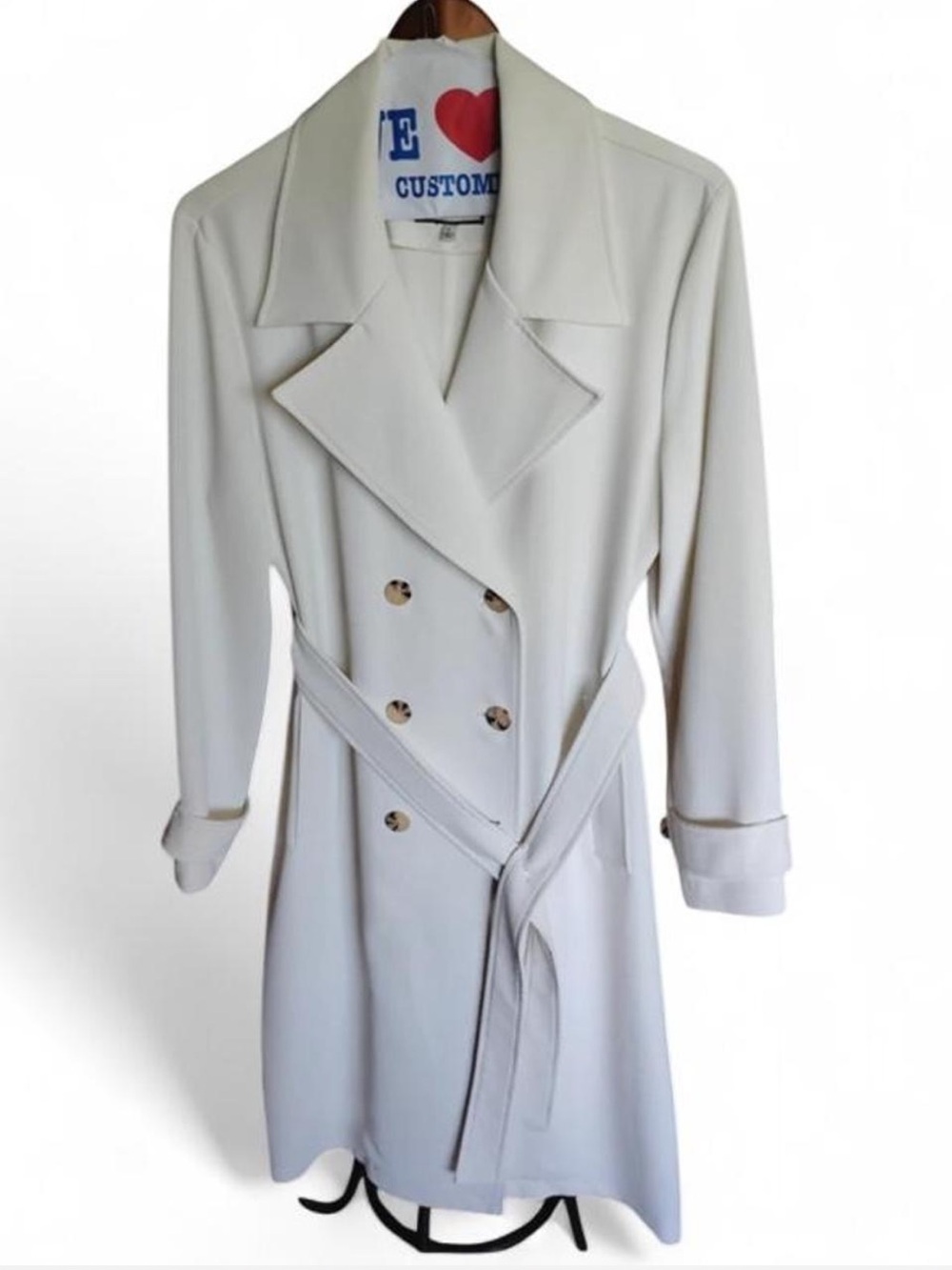 Bagatelle Collection Double-Breasted Trench Coat in white, classic notch lapel.